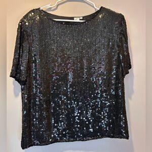 Vintage 100% Silk Black All Over Sequin Short Sleeve Top Size Small Shoulderpads